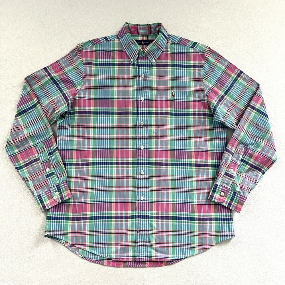 Ralph Lauren Men Blue Pink Multicolor Plaid Cotton Long Sleeve Button Shirt L